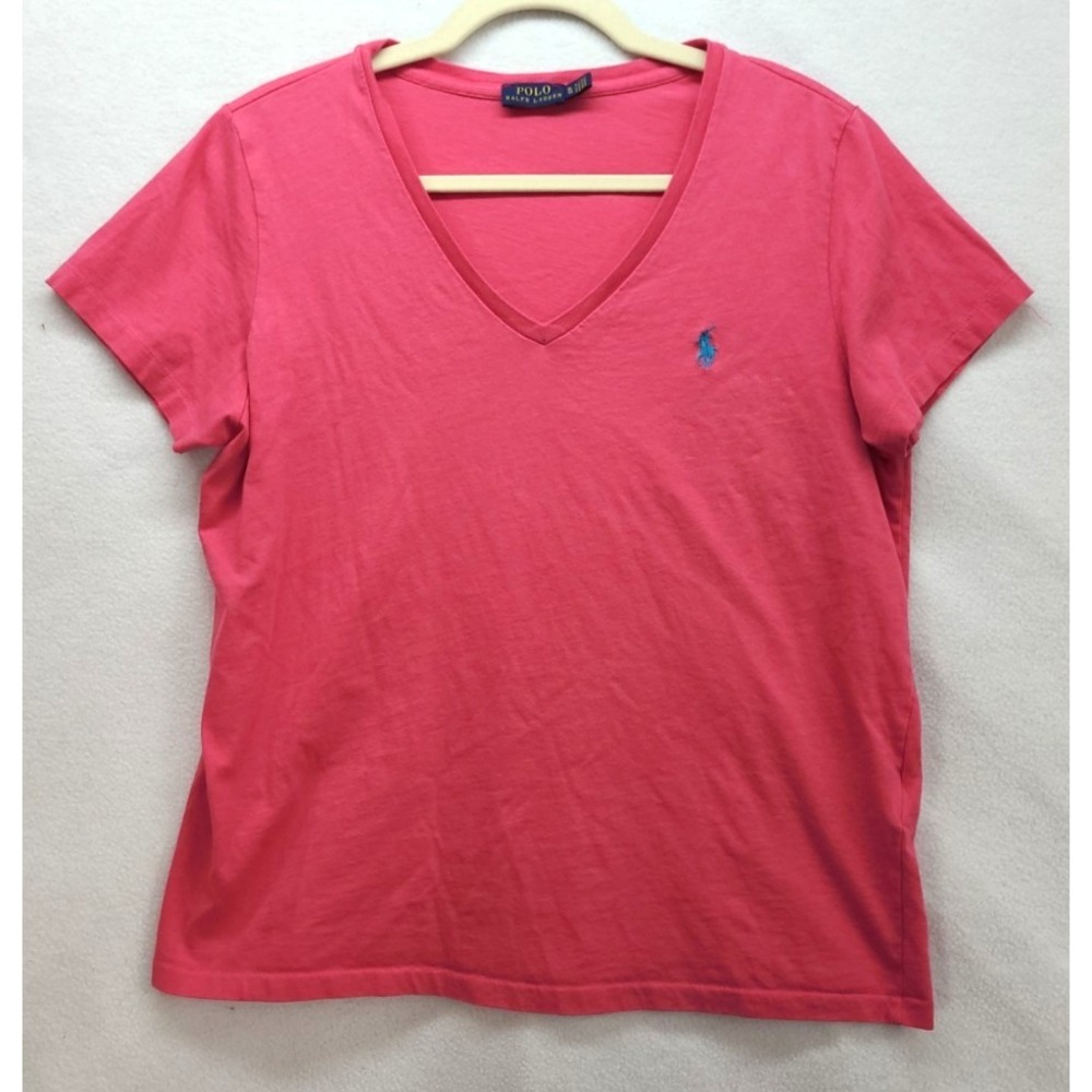 Polo Ralph‎ Lauren Womens T Shirt Pink w Blue Pony Sz XL V Neck